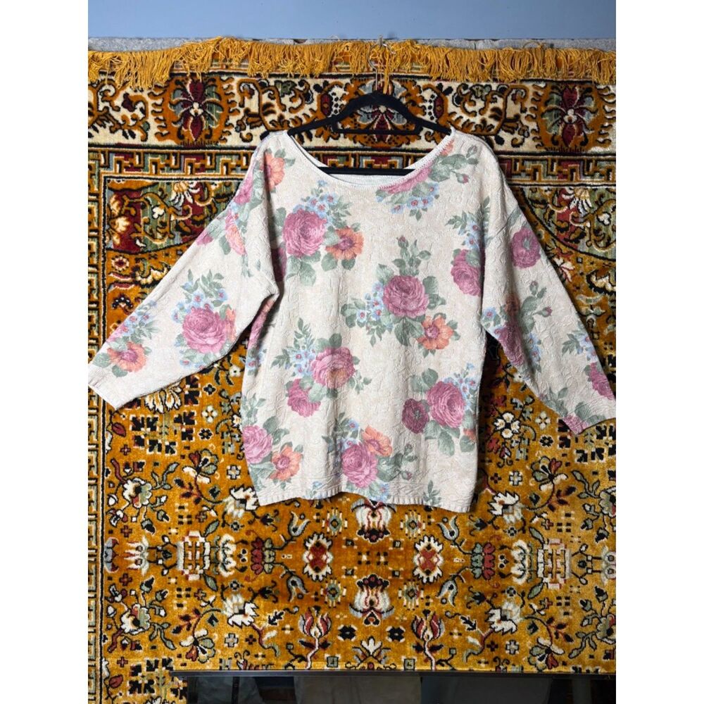 90s VTG Rose Floral Knit Sweater Long Sleeve Soft Oversized L/XL Romantic Y2K